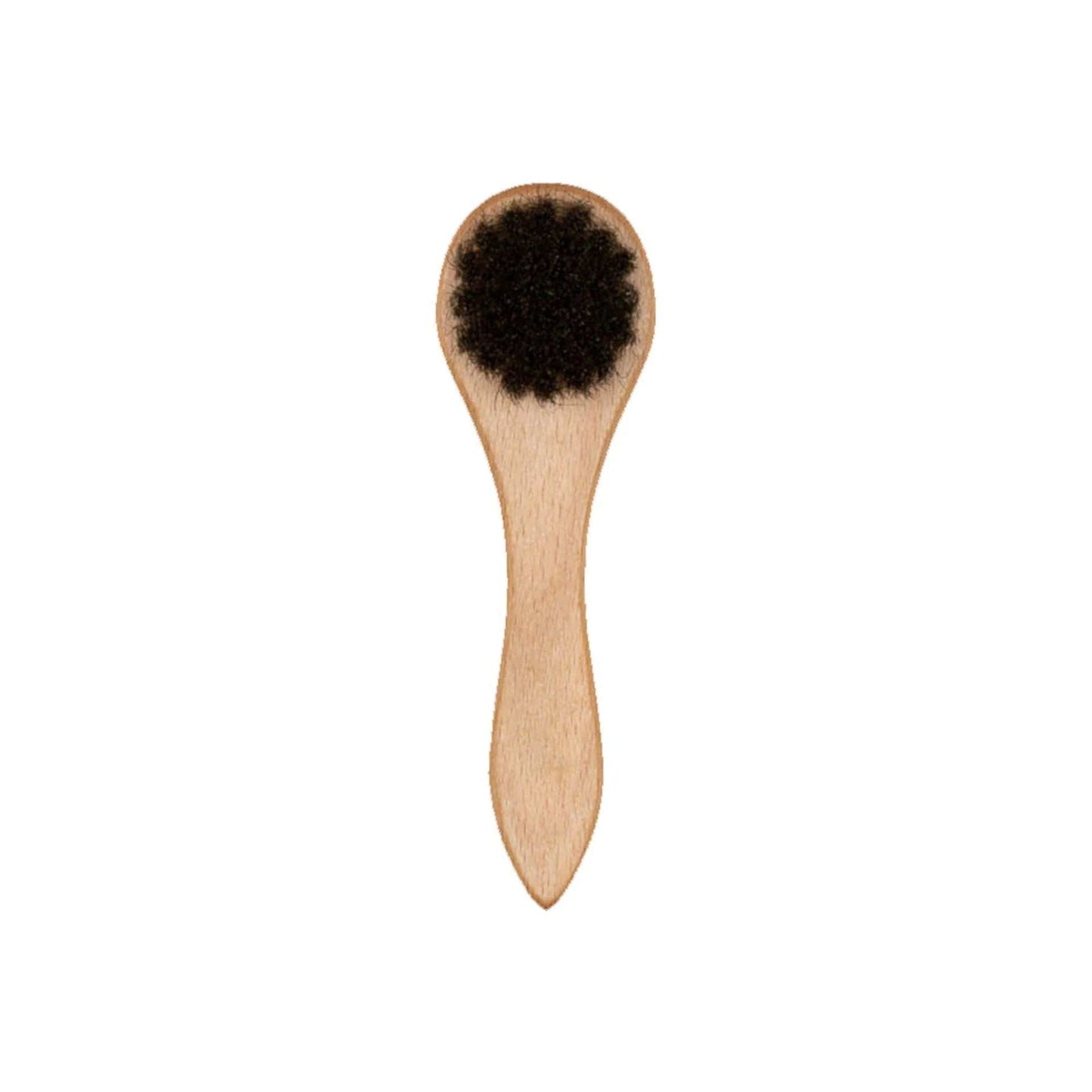 New Era Wooden Cap Brush, front view showing a natural wood handle with curved edges and black bristles set into the round head, designed for maintaining and cleaning cap surfaces effectively.