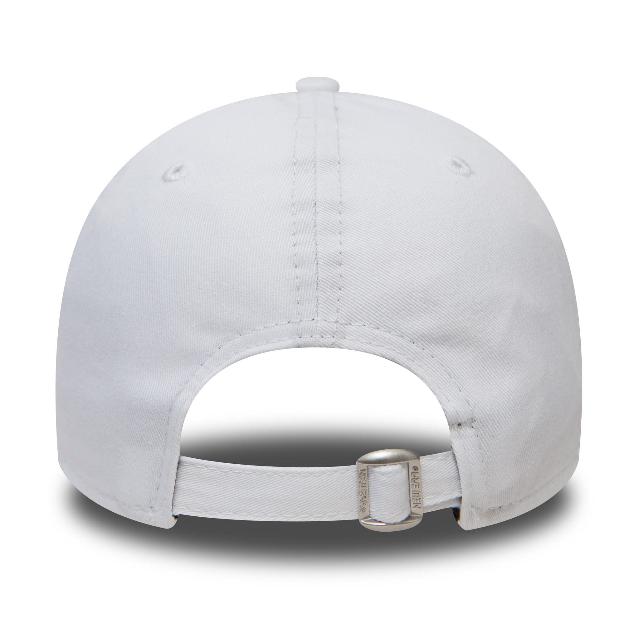 New York Yankees Essential White New Era 9FORTY Cap, rear view showing the adjustable strap with metal buckle and New Era branding, with the white structured crown and top button.