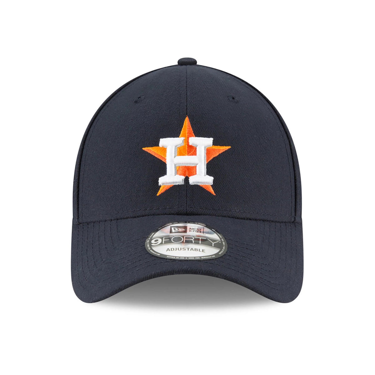 Houston Astros The League Navy New Era 9FORTY Cap, front view showing the orange star and white H logo embroidered on the front panel, with a curved visor and 9FORTY size sticker on top.