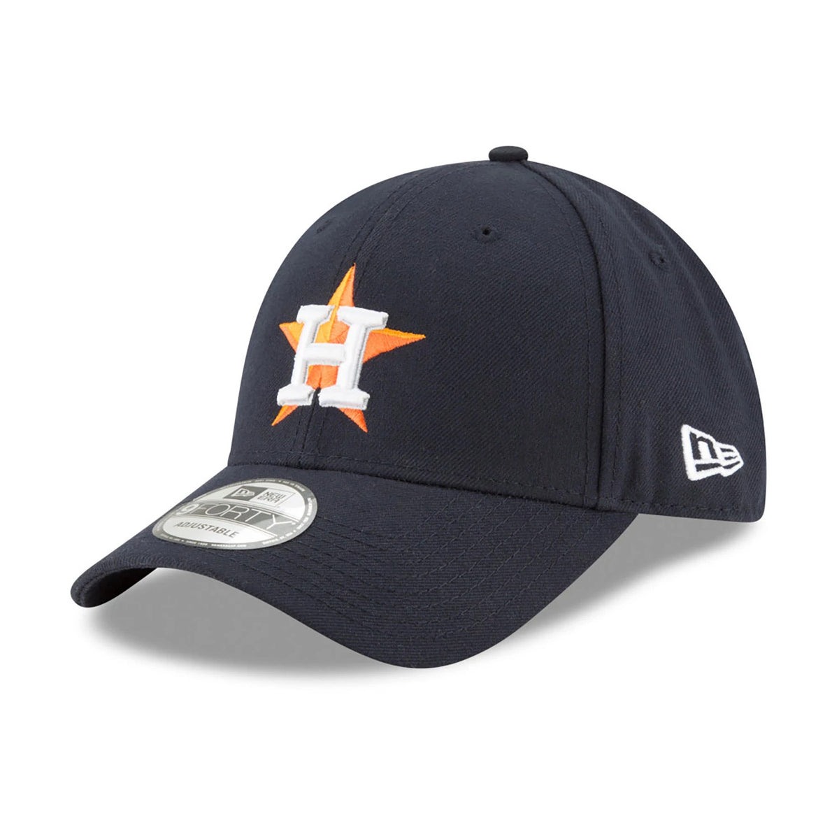 Houston Astros The League Navy New Era 9FORTY Cap, three-quarter view showing the raised white and orange H logo on the front panel, contrasting white New Era flag logo on the left side, and a grey 9FORTY size sticker on the curved visor.