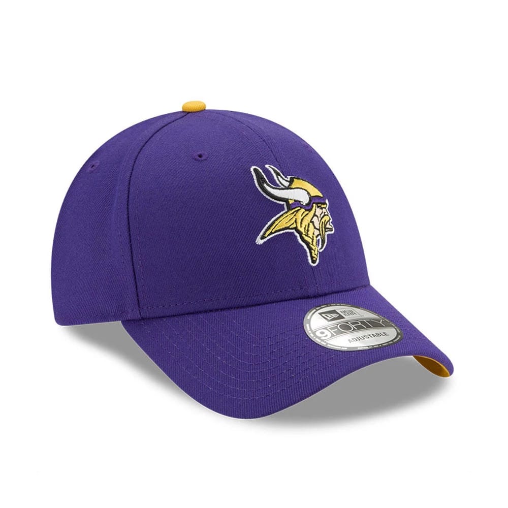 Minnesota Vikings The League Purple New Era 9FORTY Cap, front view showing the raised embroidered Viking logo on the front panel, curved visor with 9FORTY size sticker, and a yellow top button accenting the purple crown.