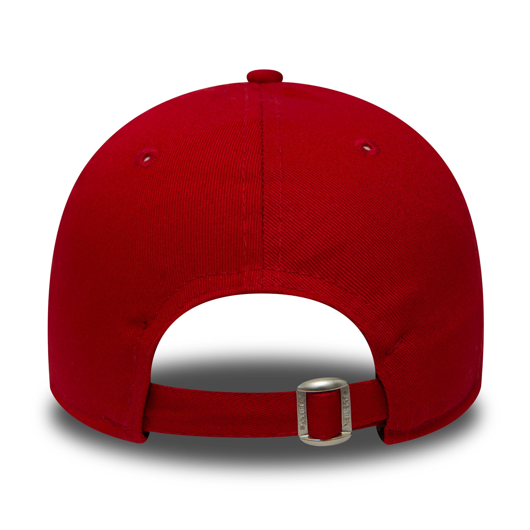 New York Yankees Youth MLB Essential Red New Era 9FORTY Cap, rear view showing the fabric strap with metal buckle for adjustable fit and rounded shape of the red crown with matching embroidered eyelets.