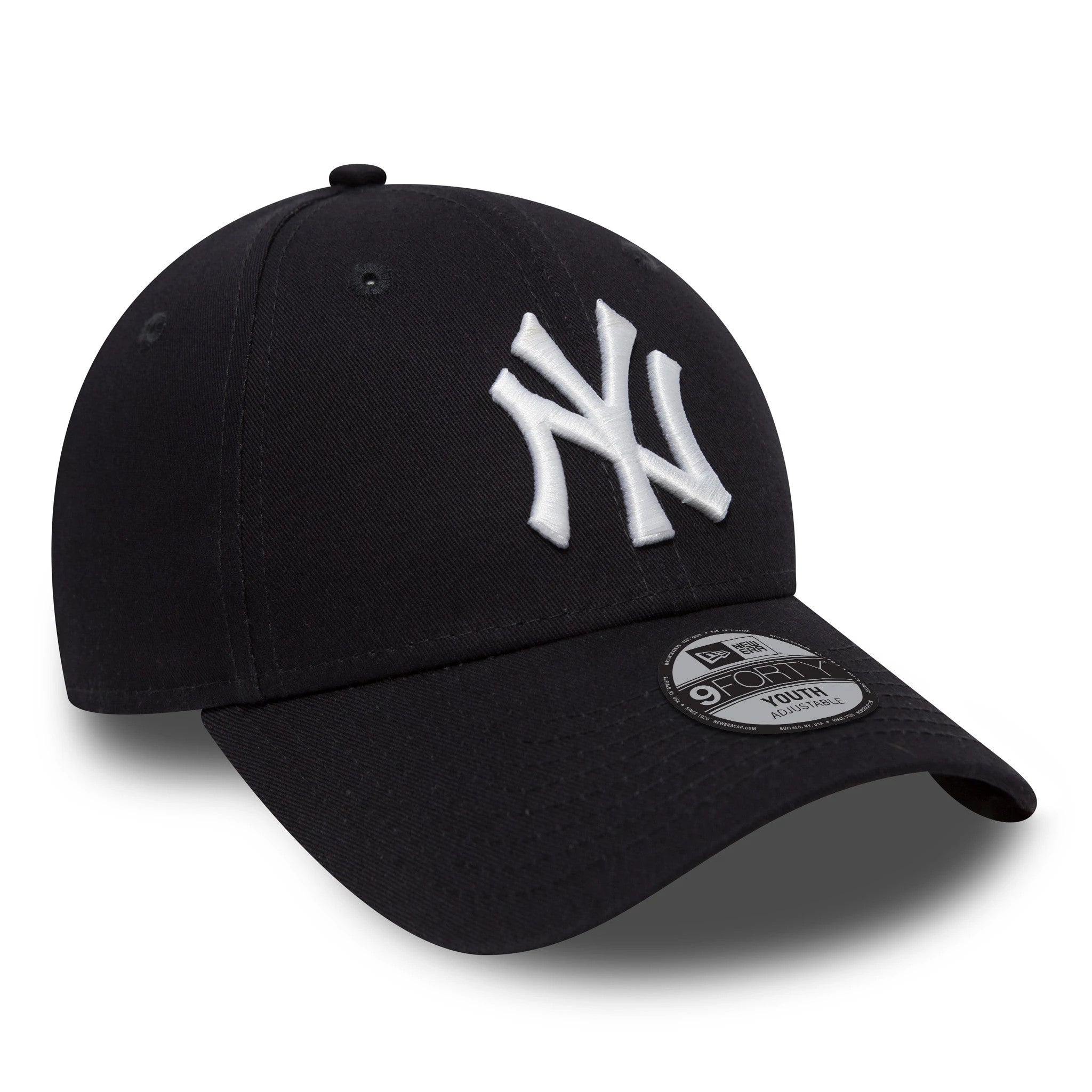New York Yankees Essential Kids Navy New Era 9FORTY Cap, three-quarter view showing the raised white embroidered NY logo on the front panel, with a curved visor and a 9FORTY size sticker on top.