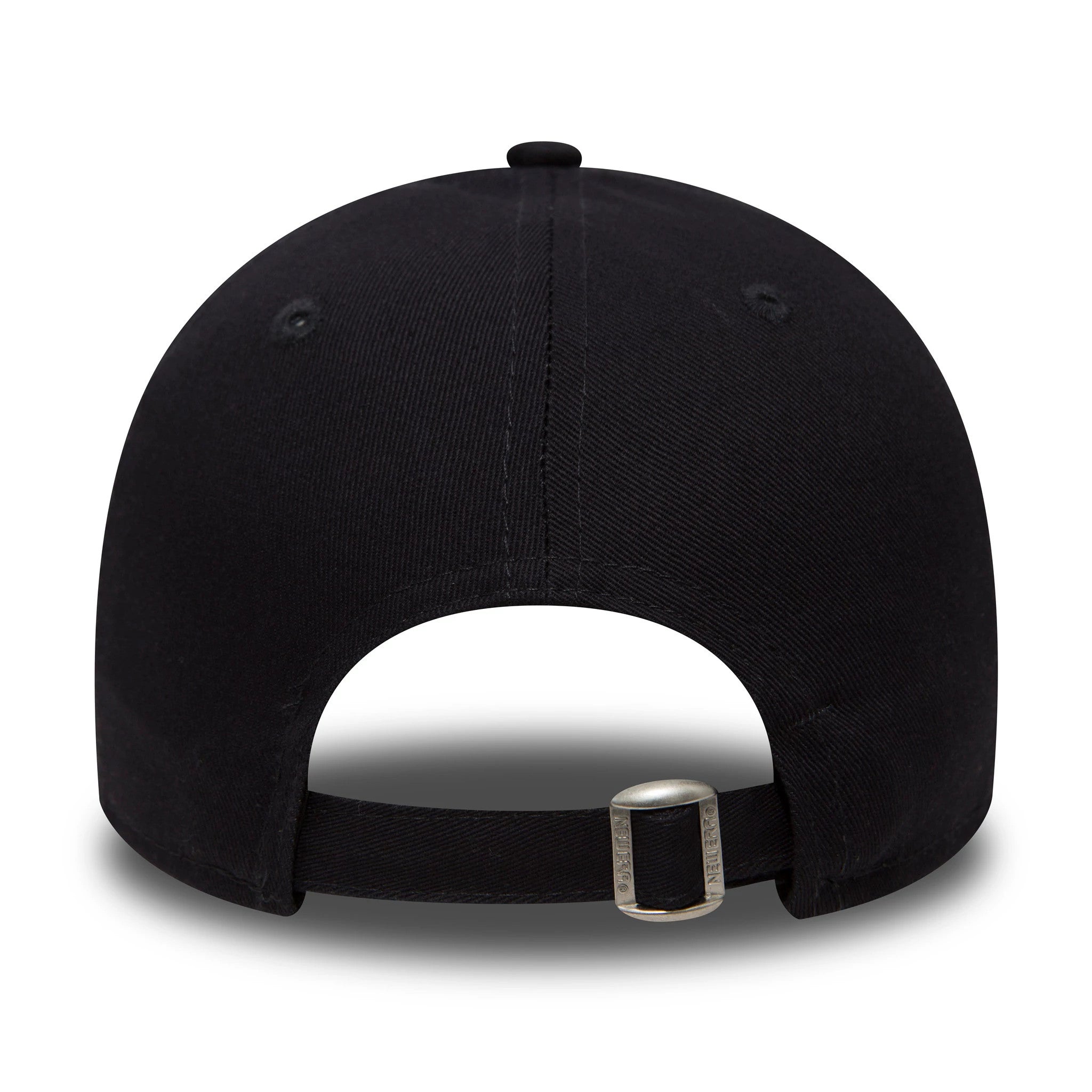 New York Yankees Essential Kids Navy New Era 9FORTY Cap, rear view showing the curved visor and silver metal buckle on the back strap, with a structured navy crown and centred top button.