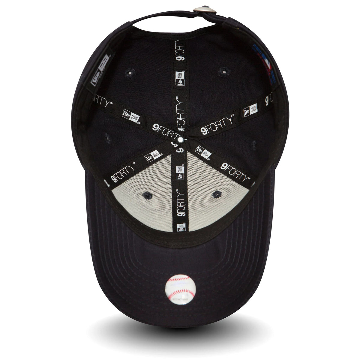 New York Yankees Essential Kids Navy New Era 9FORTY Cap, inside view showing black sweatband, grey undervisor, and branded taping with the 9FORTY size sticker on the underside of the visor.
