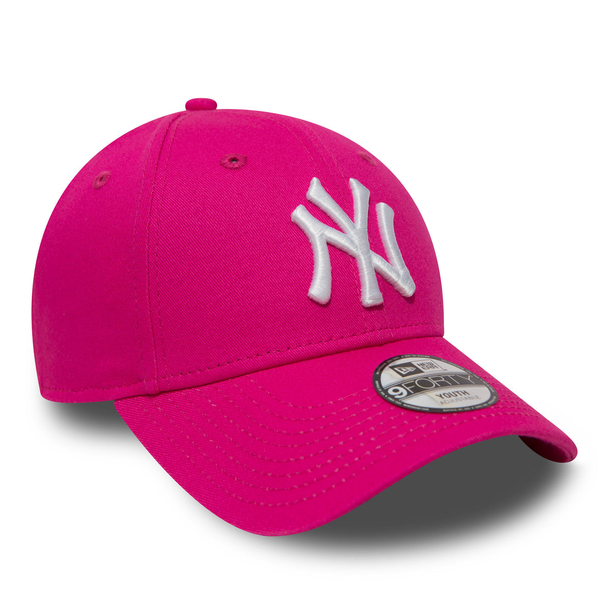 New York Yankees Essential Kids Pink New Era 9FORTY Cap, front view showing the white embroidered NY logo on the structured pink crown, with matching visor and a 9FORTY size sticker on the top of the visor.
