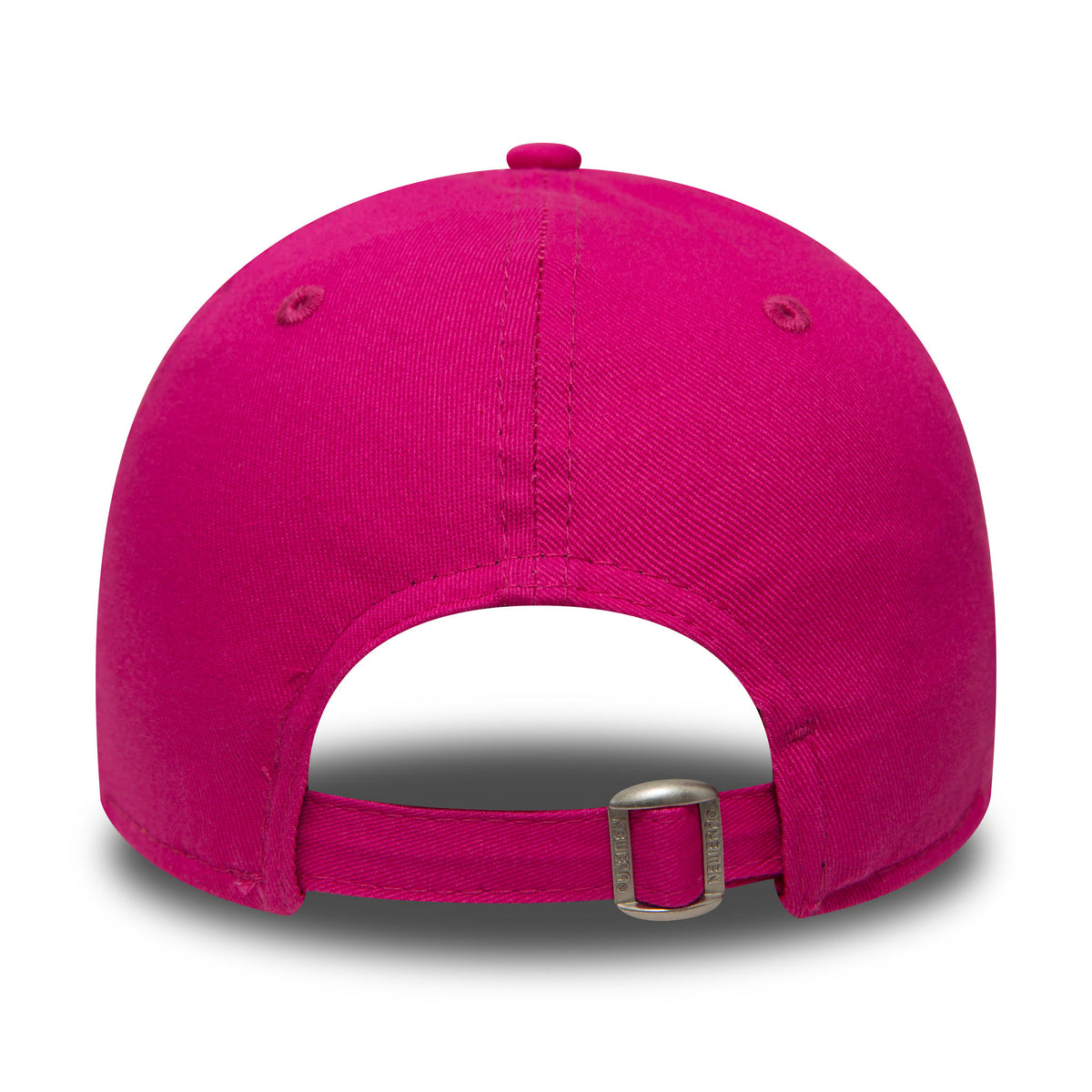New York Yankees Essential Kids Pink New Era 9FORTY Cap, rear view showing the absence of a back logo with an adjustable strap and metal buckle at the centre of the vibrant pink crown.