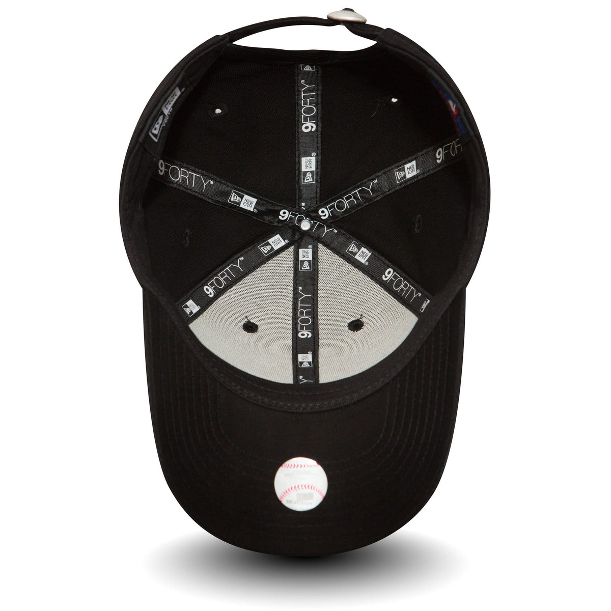 New York Yankees Essential Kids Black New Era 9FORTY Cap, inside view showing grey undervisor, black sweatband with repeated 9FORTY logo taping, and a red and white baseball sticker centred on the black visor.