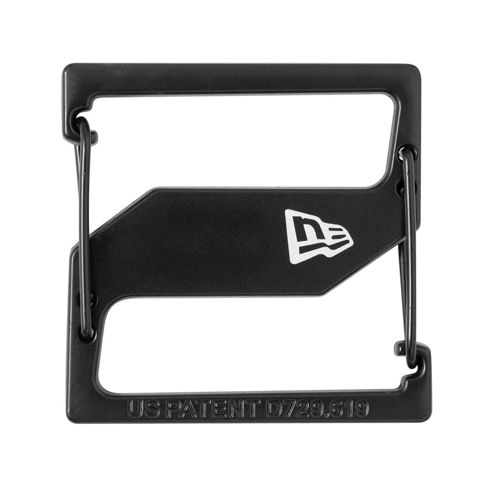 New Era Black Cap Clip, front view showing the white New Era flag logo on the centre panel, with structured edges and patent number US PATENT D729.619 embossed along the bottom edge.