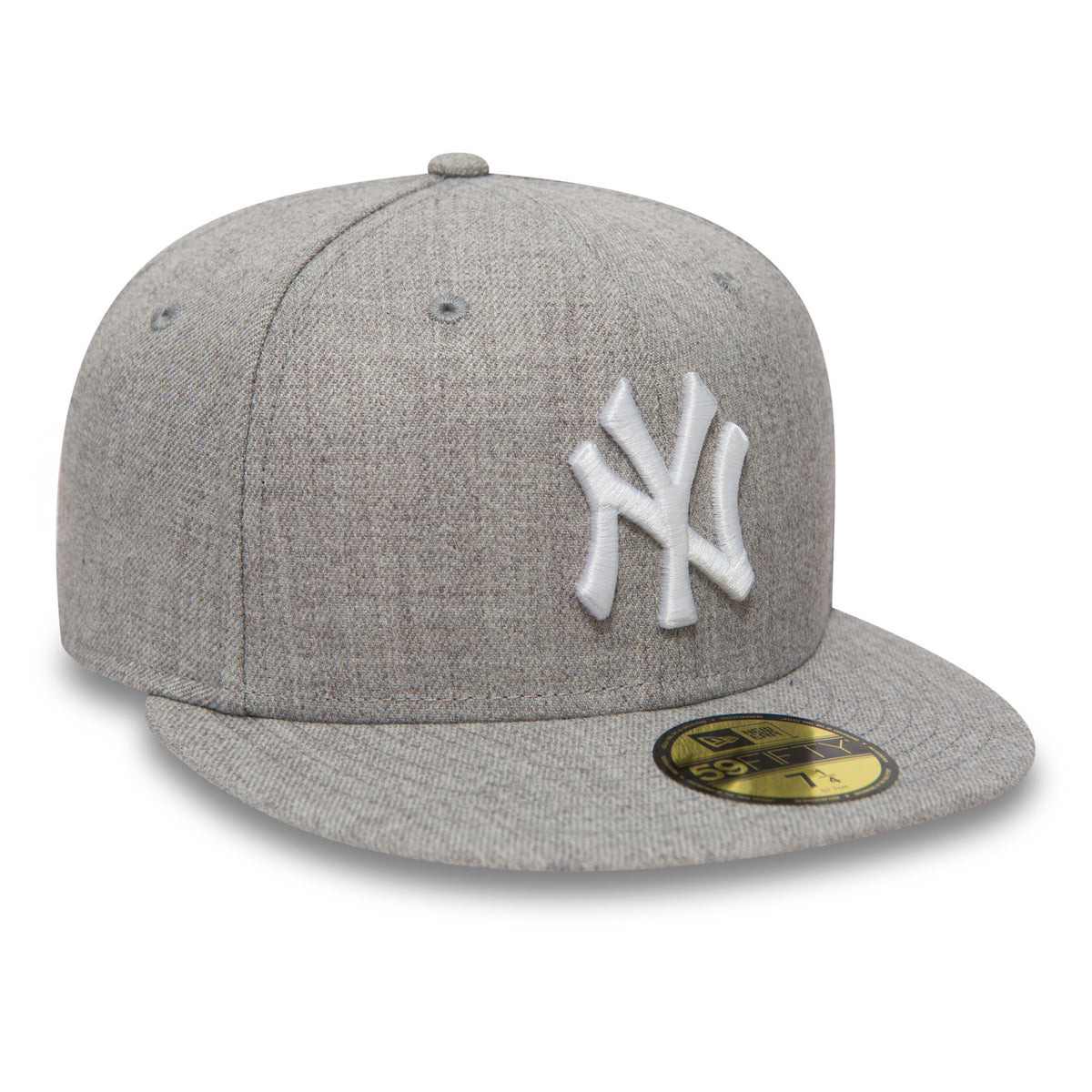 New York Yankees Essential Heather Grey New Era 59FIFTY Cap, front view with a flat visor, featuring a white raised embroidered NY logo on the crown and a gold 59FIFTY size sticker on the visor.