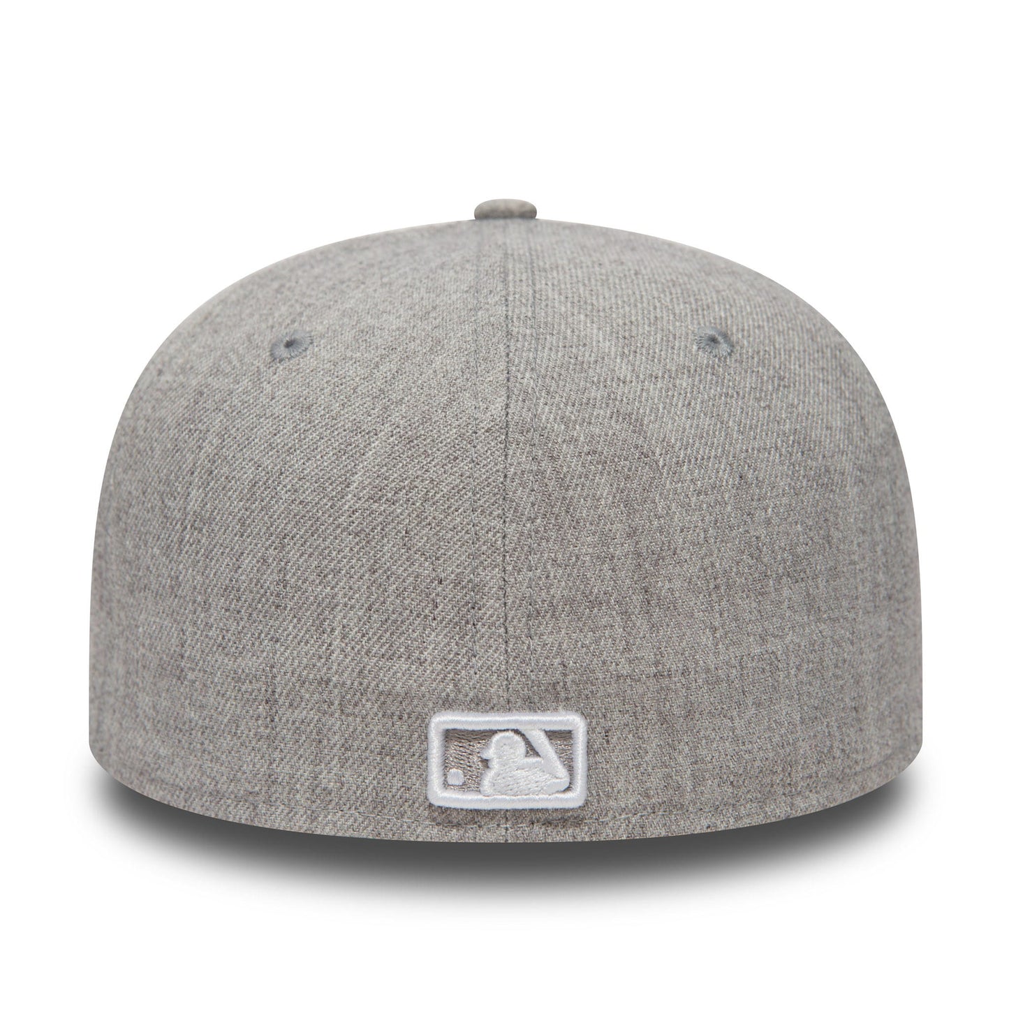 New York Yankees Essential Heather Grey New Era 59FIFTY Cap, rear view showing the white embroidered MLB Batterman logo at the centre back, positioned on a heather grey structured crown with a matching top button.