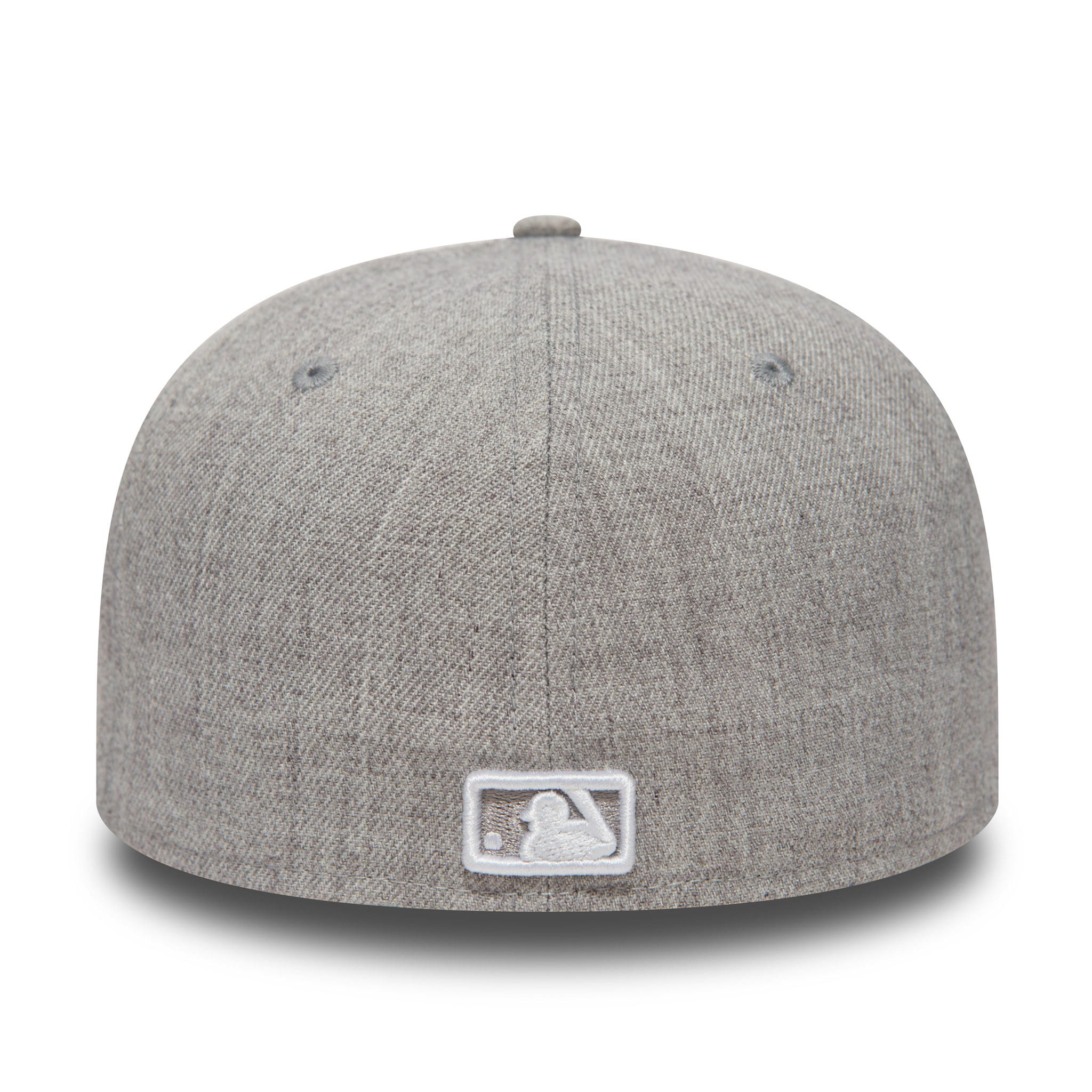 New York Yankees Essential Heather Grey New Era 59FIFTY Cap, rear view showing the white embroidered MLB Batterman logo at the centre back, positioned on a heather grey structured crown with a matching top button.