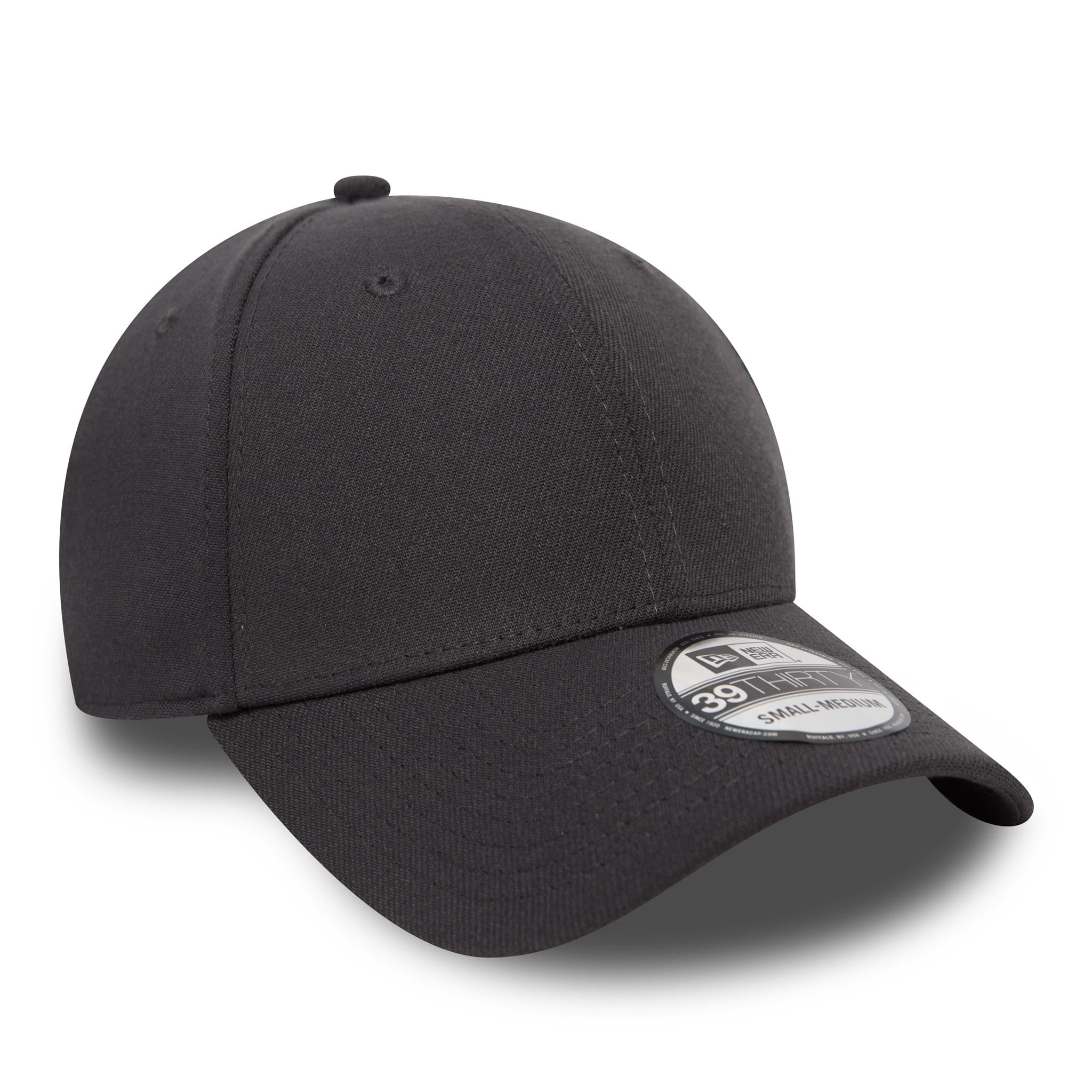 New Era Flag Graphite Grey New Era 39THIRTY Cap, three-quarter view showing a curved visor and a 39THIRTY size sticker on the structured graphite grey crown with top button and matching eyelets.