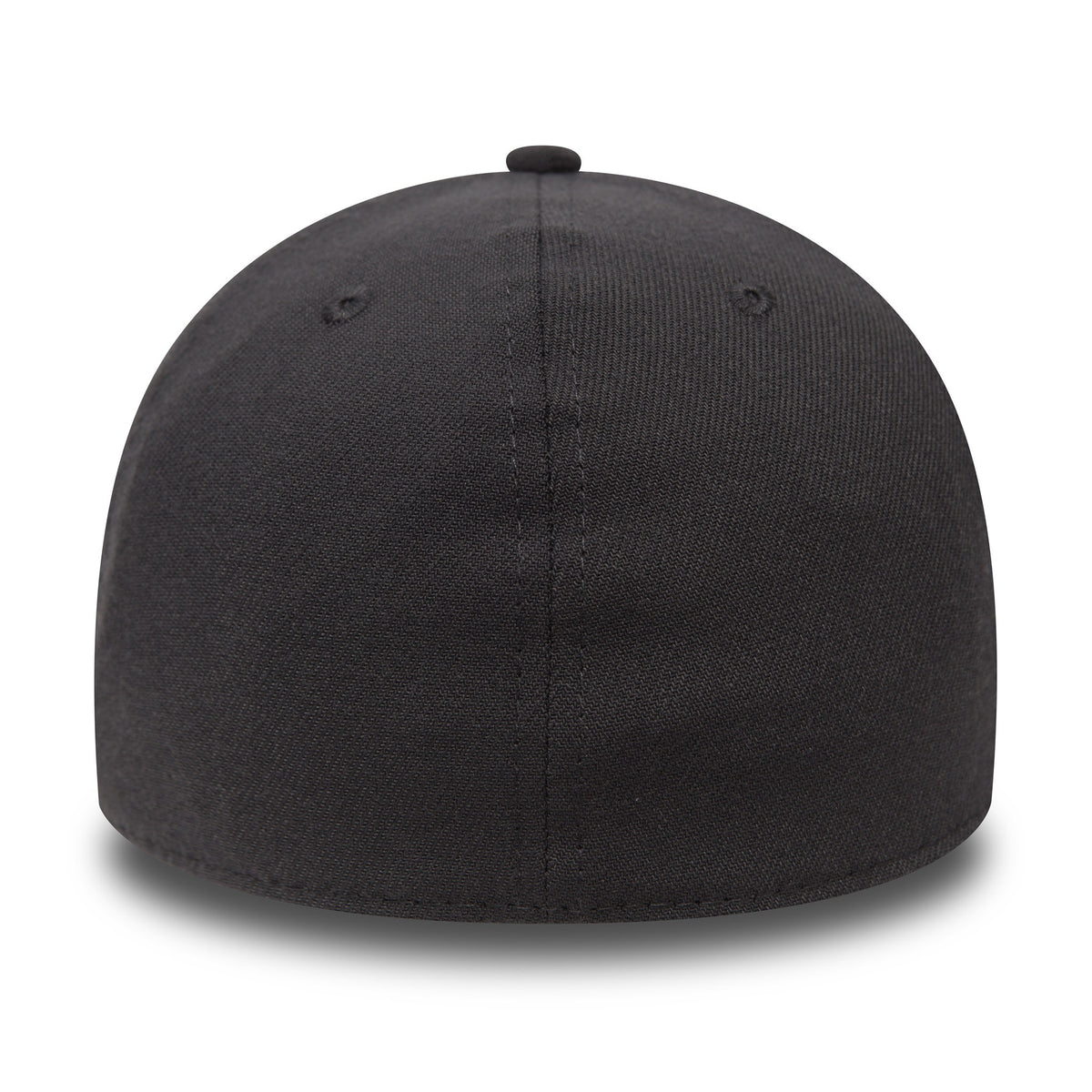 New Era Flag Graphite Grey New Era 39THIRTY Cap, rear view showing the seamless structured crown with a grey top button, highlighting the smooth finish of the graphite grey fabric panels.