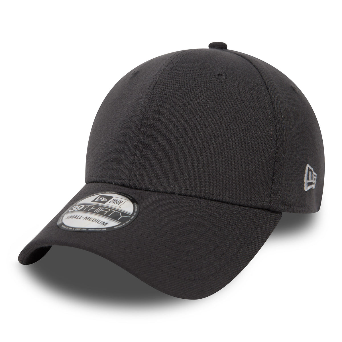 New Era Flag Graphite Grey New Era 39THIRTY Cap, three-quarter view with a grey embroidered New Era flag logo on the left side, a curved visor, and a 39THIRTY size sticker on top of the visor.