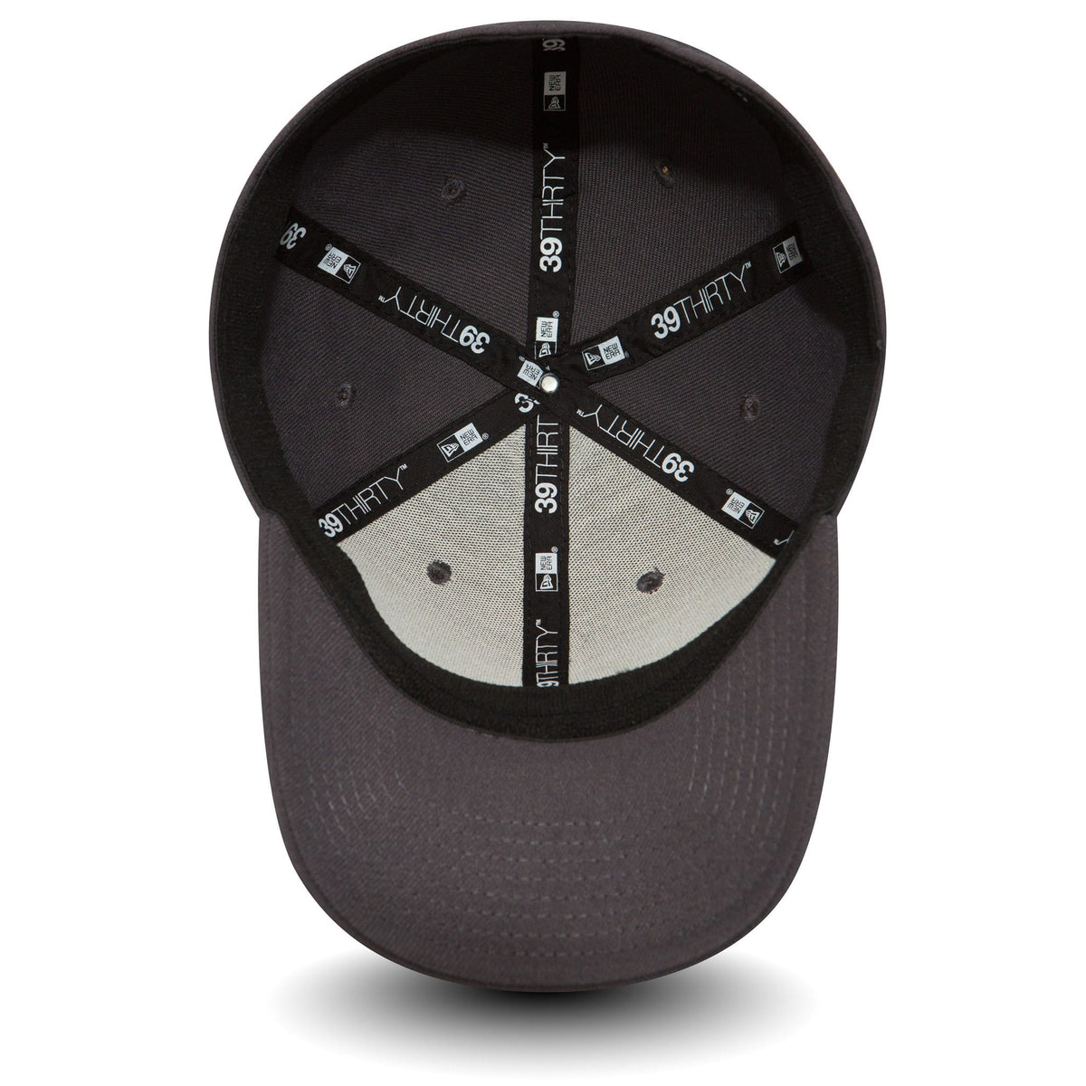 New Era Flag Graphite Grey New Era 39THIRTY Cap, inside view showing black taping with 39THIRTY branding, a black sweatband, and a grey undervisor, highlighting the structured inner design of the cap.