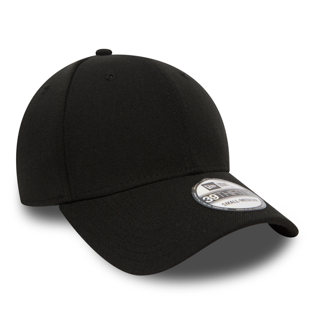 New Era Flag Black New Era 39THIRTY Cap, three-quarter view showing the curved visor with a 39THIRTY size sticker and a seamless structured crown, highlighted by the top button and eyelets.