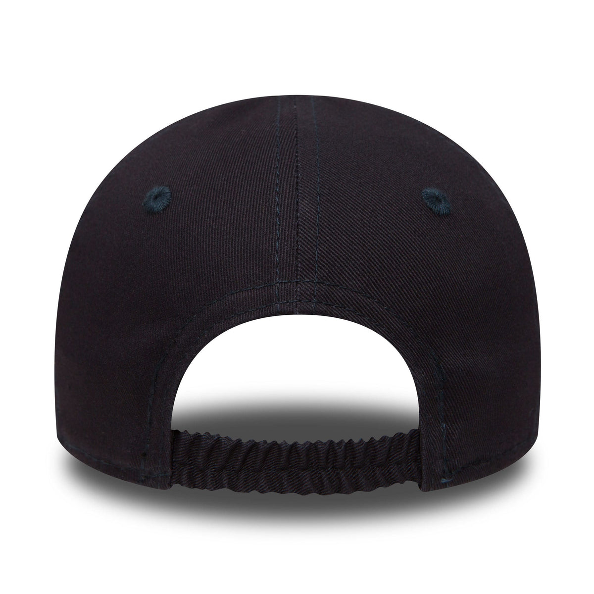 New York Yankees My First Infant Blue New Era 9FORTY Cap, rear view showing the elastic band across the back opening on the soft blue crown, highlighting the infant-friendly adjustable design.