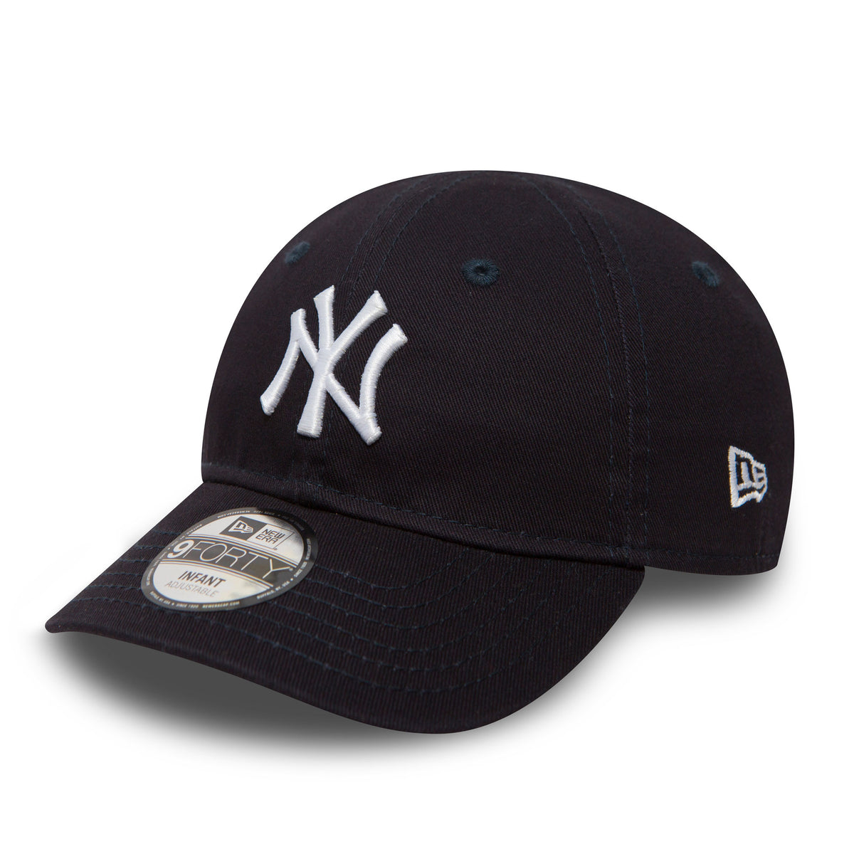 New York Yankees My First Infant Blue New Era 9FORTY Cap, front view showing the raised white NY logo on the dark crown, with a 9FORTY size sticker on the curved visor and the New Era flag logo embroidered on the left side.