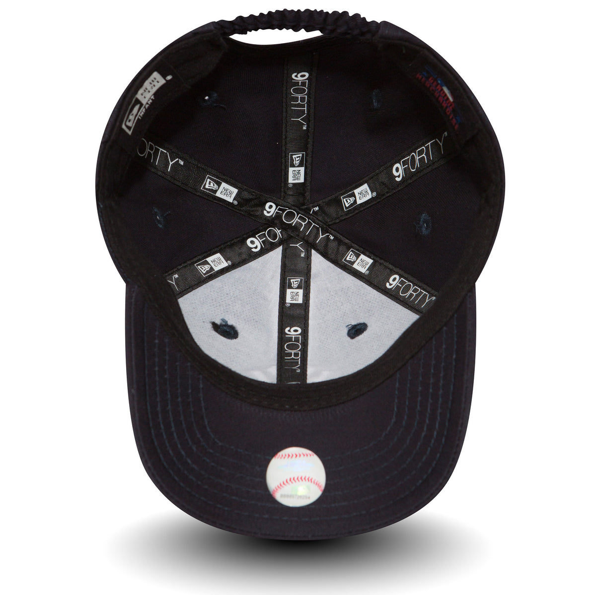 New York Yankees My First Infant Blue New Era 9FORTY Cap, inside view showing black 9FORTY taping across the interior crown, black sweatband, and a white panel with eyelets, with a small baseball graphic on the underside of the visor.