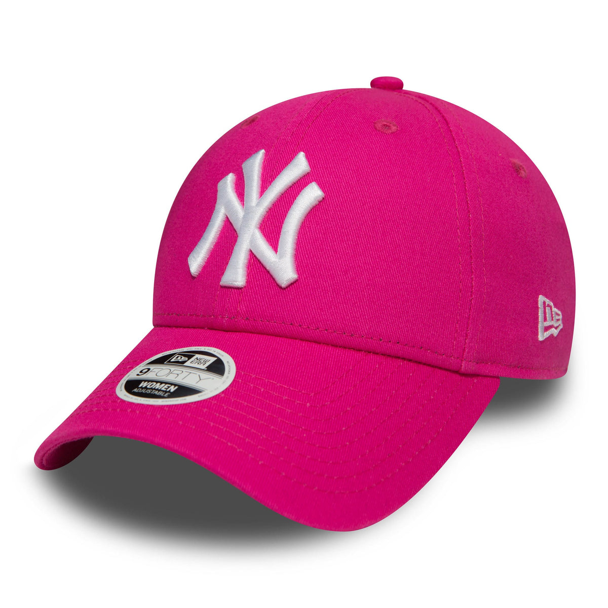 New York Yankees Essential Womens Bright Pink New Era 9FORTY Cap, front view showing the white raised embroidered NY logo on the front panel, the New Era flag logo on the left side, and the 9FORTY size sticker on the visor.