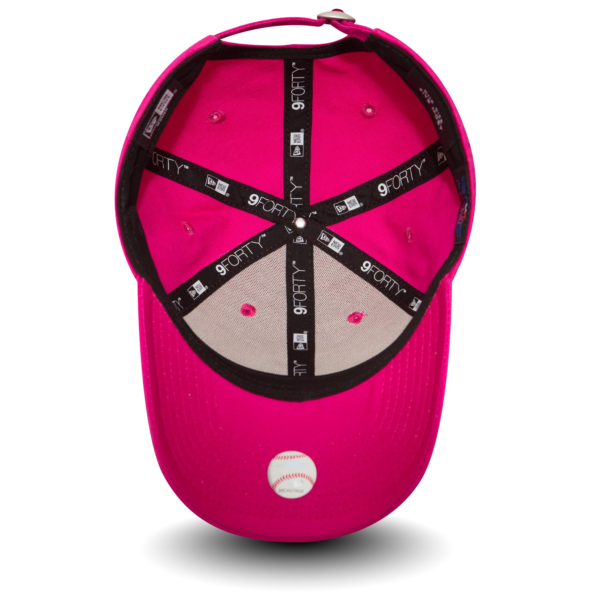 New York Yankees Essential Womens Bright Pink New Era 9FORTY Cap, inside view showing black taping with 9FORTY logos, a grey undervisor, bright pink interior panels and a small white baseball graphic under the visor.