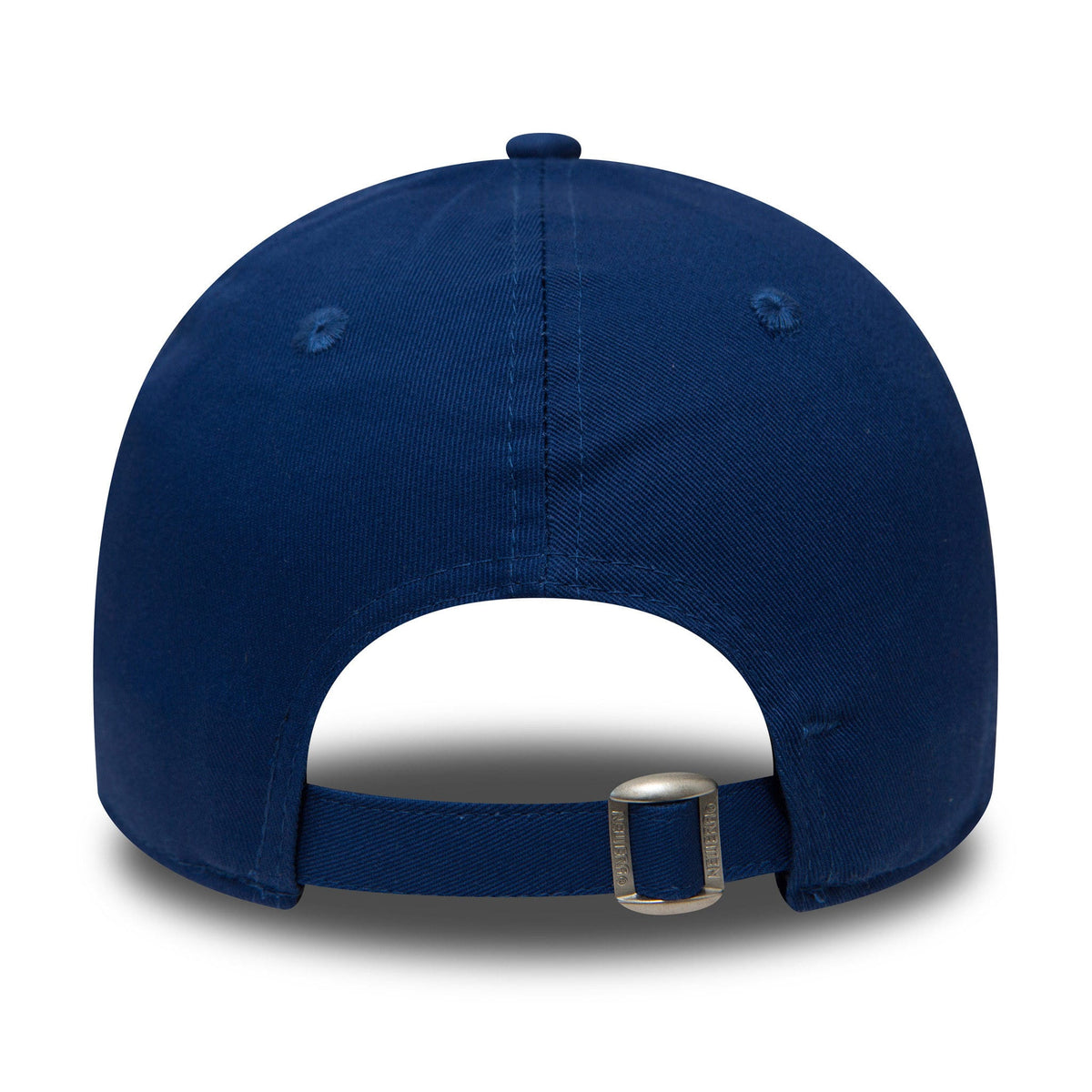 New York Yankees Essential Blue New Era 9FORTY Cap, rear view showing a metal buckle closure on the adjustable strap, centred on the blue curved crown with embroidered eyelets and a top button.