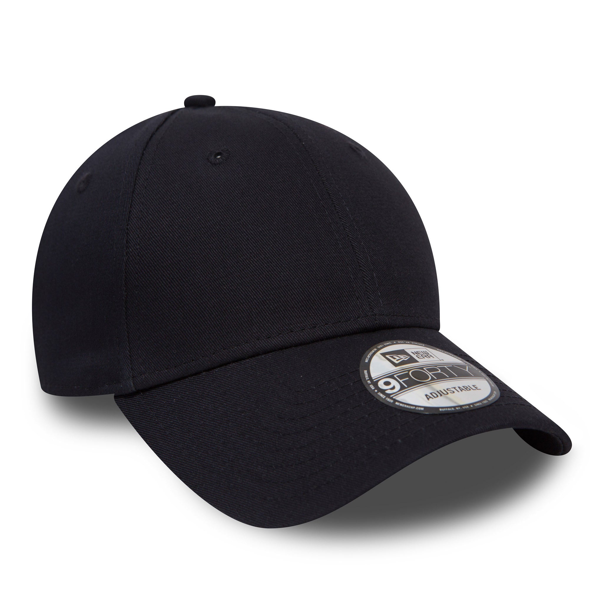 New Era Flag Navy 9FORTY Cap, three-quarter view showing the curved visor with 9FORTY size sticker, a structured six-panel crown with embroidered eyelets, and a top button in matching navy.