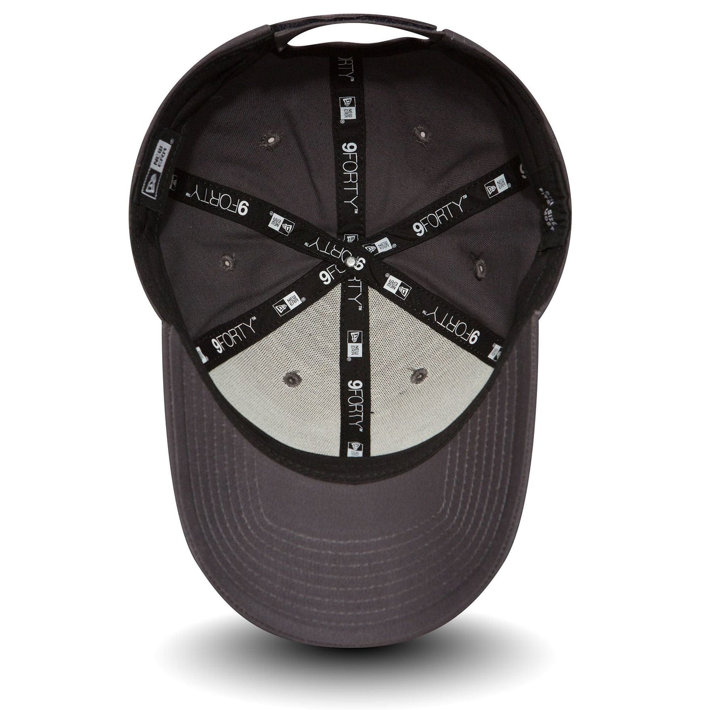 New Era Flag Charcoal Grey New Era 9FORTY Cap, inside view showing black taping with white 9FORTY branding and a light grey undervisor, featuring eyelets for ventilation and a structured shape for comfort.