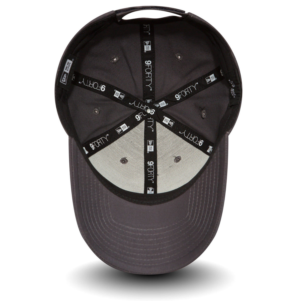 New Era Flag Charcoal Grey New Era 9FORTY Cap, inside view showing black taping with white 9FORTY branding and a light grey undervisor, featuring eyelets for ventilation and a structured shape for comfort.