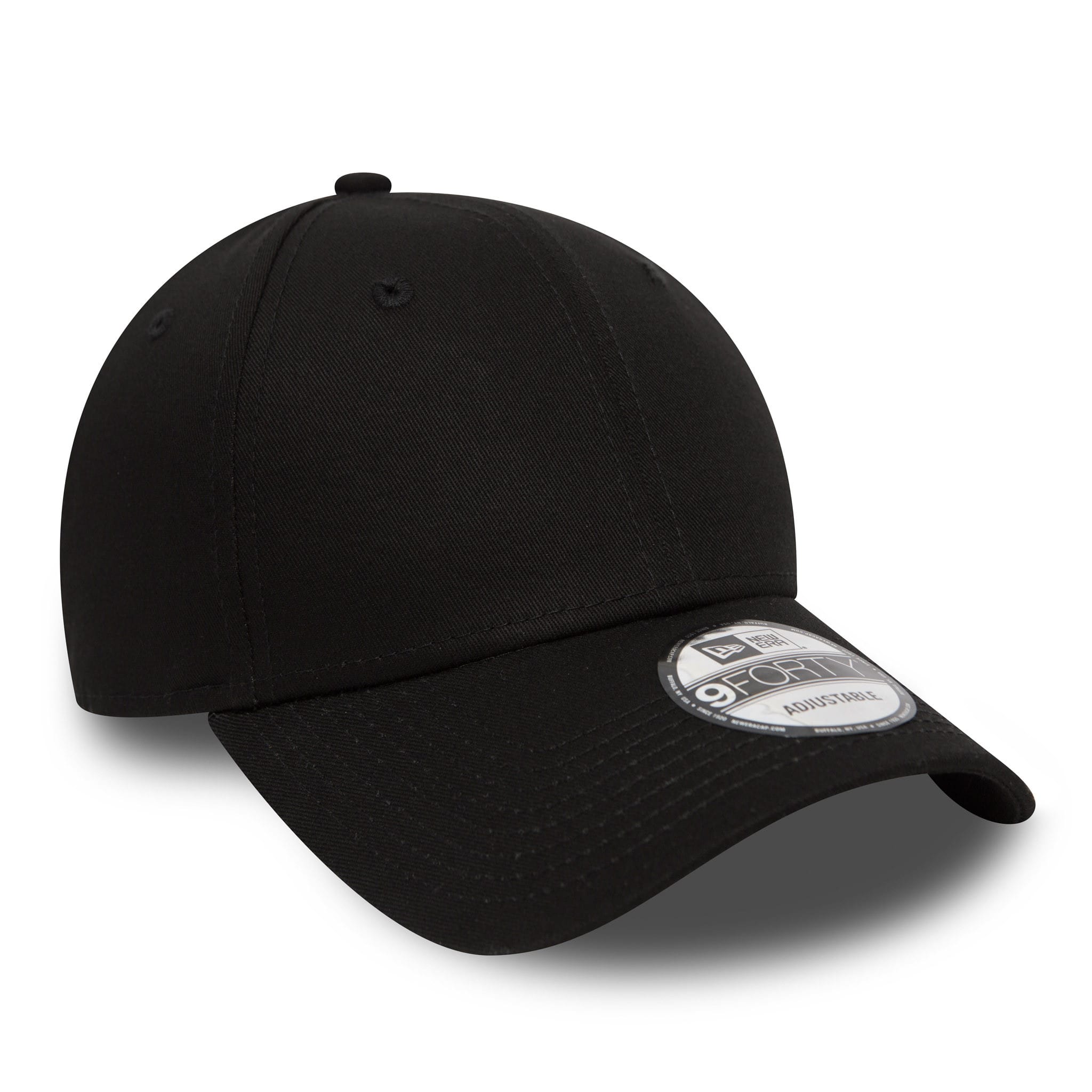 New Era Flag Black New Era 9FORTY Cap, three-quarter view showing the curved visor with black top button and visible 9FORTY size sticker, highlighting the structured front panels and six-panel design.