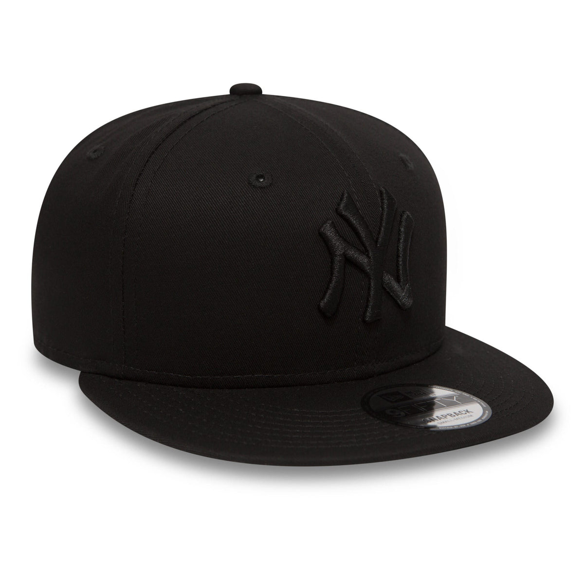 New York Yankees Black On Black New Era 9FIFTY Cap, three-quarter view showing the raised black embroidered NY logo on the front panel and the 9FIFTY size sticker on the flat black visor.