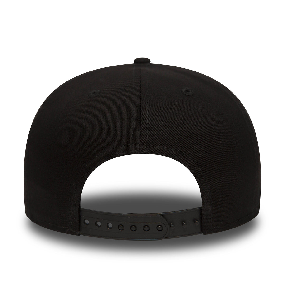 New York Yankees Black On Black New Era 9FIFTY Cap, rear view showing a black adjustable snapback closure beneath the structured crown and centred top button, all in a matching black colour.