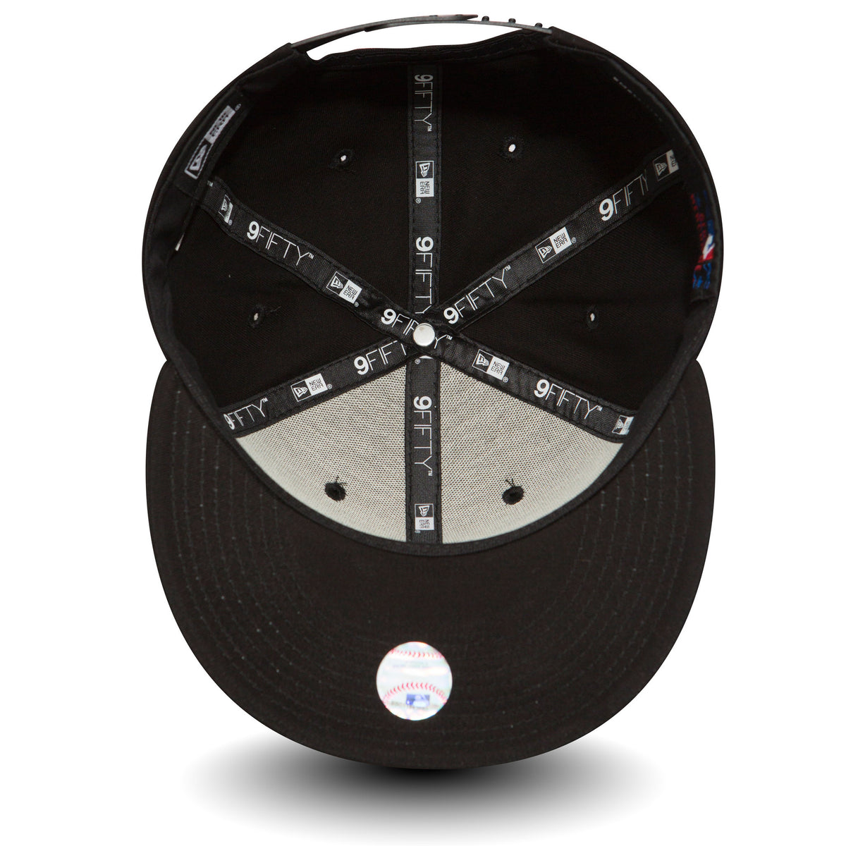 New York Yankees Black On Black New Era 9FIFTY Cap, inside view showing black and white 9FIFTY taping, a black sweatband, grey undervisor, and a round sticker with a baseball graphic on the underside of the visor.