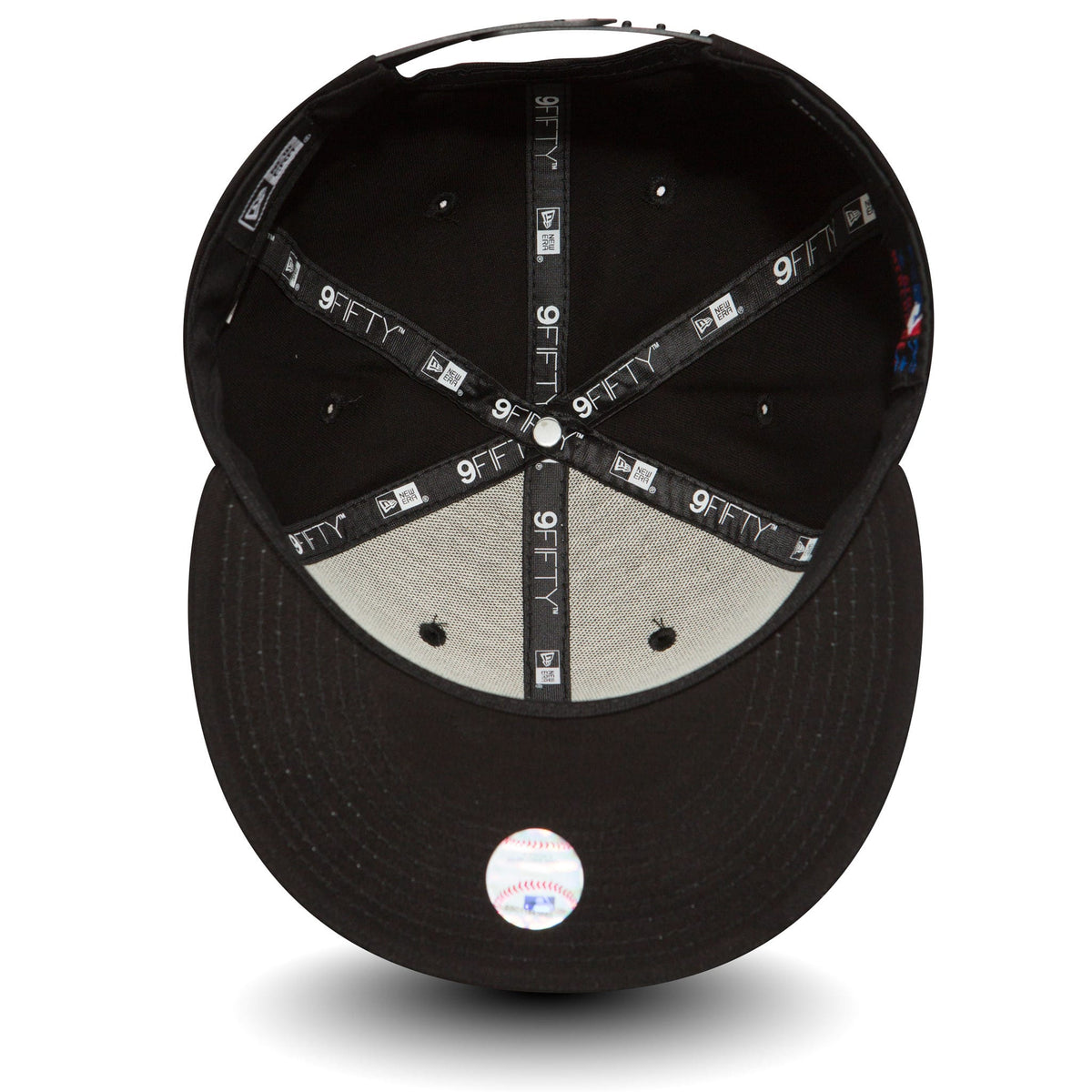 New York Yankees Black On Black New Era 9FIFTY Cap, inside view showing black and white 9FIFTY taping, a black sweatband, grey undervisor, and a round sticker with a baseball graphic on the underside of the visor.