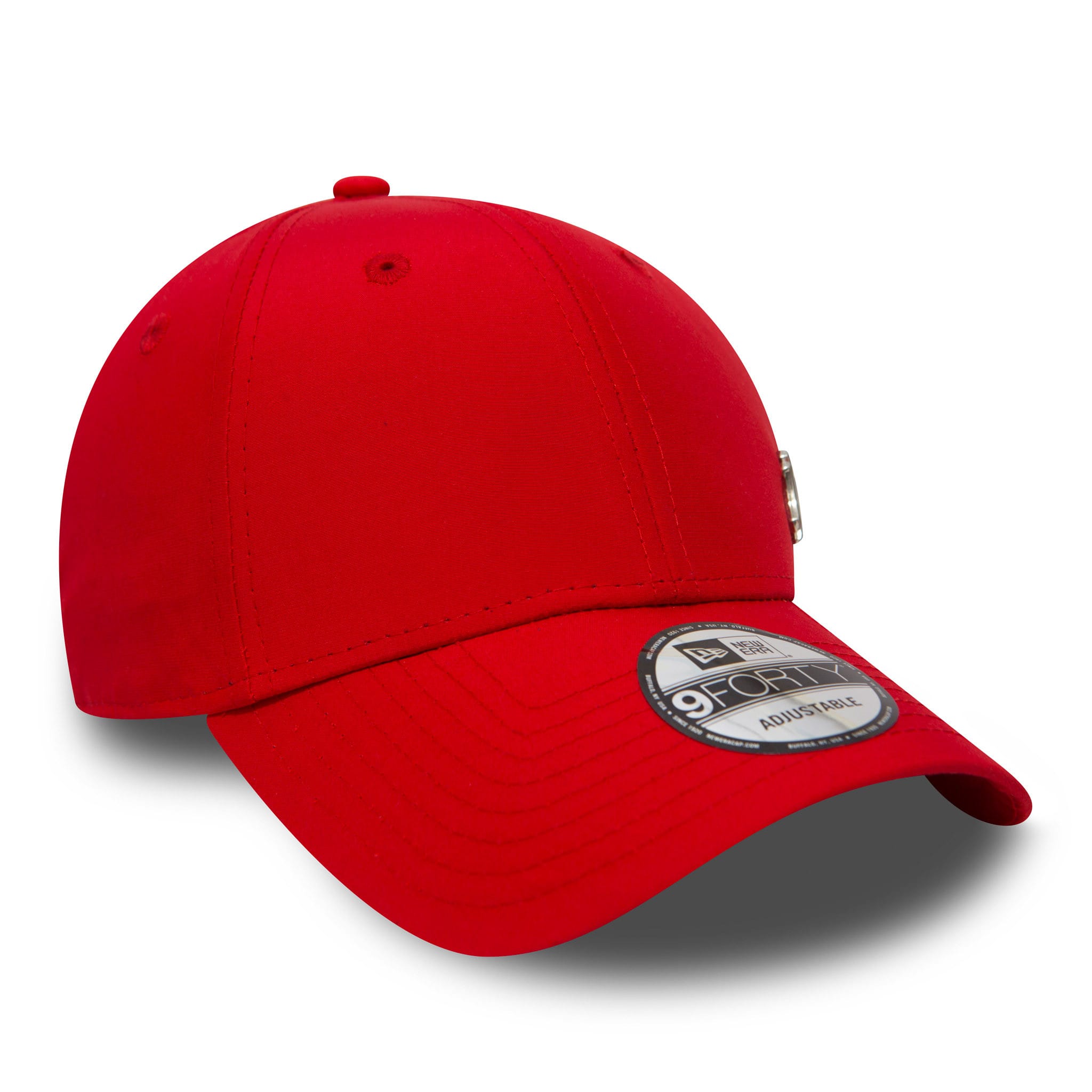 New York Yankees Mini Metal Red New Era 9FORTY Cap, three-quarter view showing the raised metal logo on the front panel, a curved visor with a 9FORTY size sticker, and the structured red crown with matching eyelets and top button.