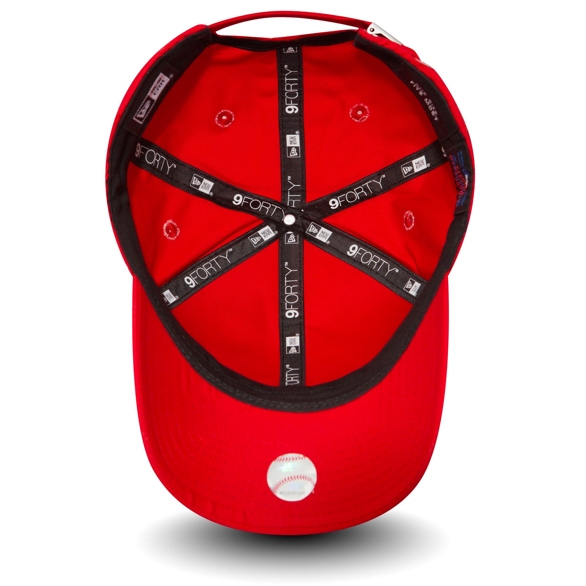 New York Yankees Mini Metal Red New Era 9FORTY Cap, inside view showing black 9FORTY taping on the red panels, with embroidered eyelets and a small baseball emblem sticker on the underside of the red visor.