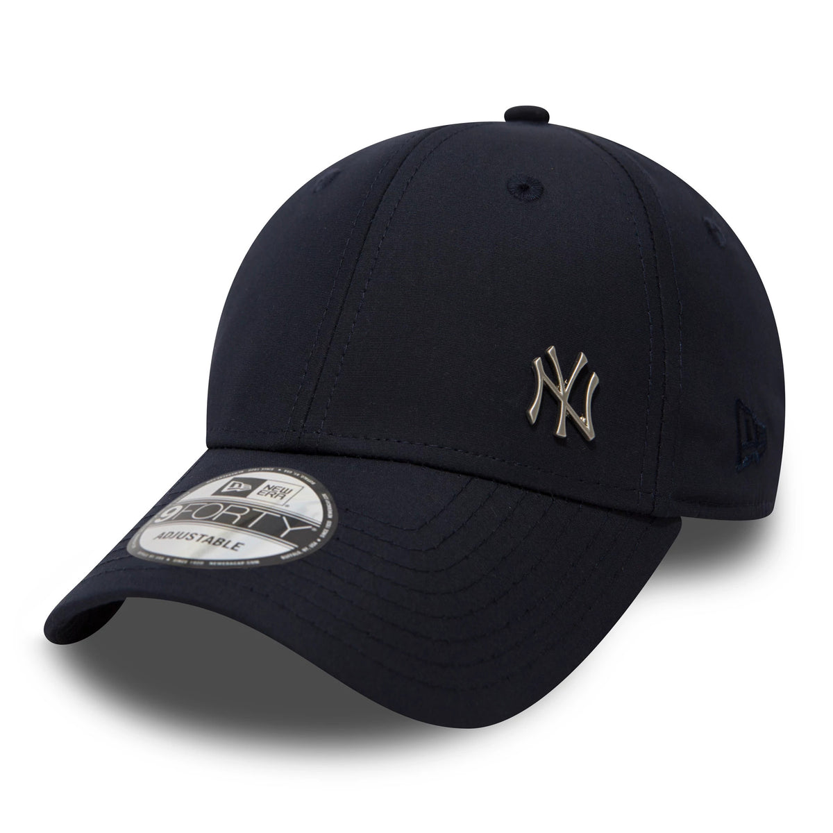 New York Yankees Flawless Navy New Era 9FORTY Cap, three-quarter view showing a raised silver NY logo on the front panel, navy stitching, a navy New Era flag logo on the left side, and a 9FORTY size sticker on the curved visor.