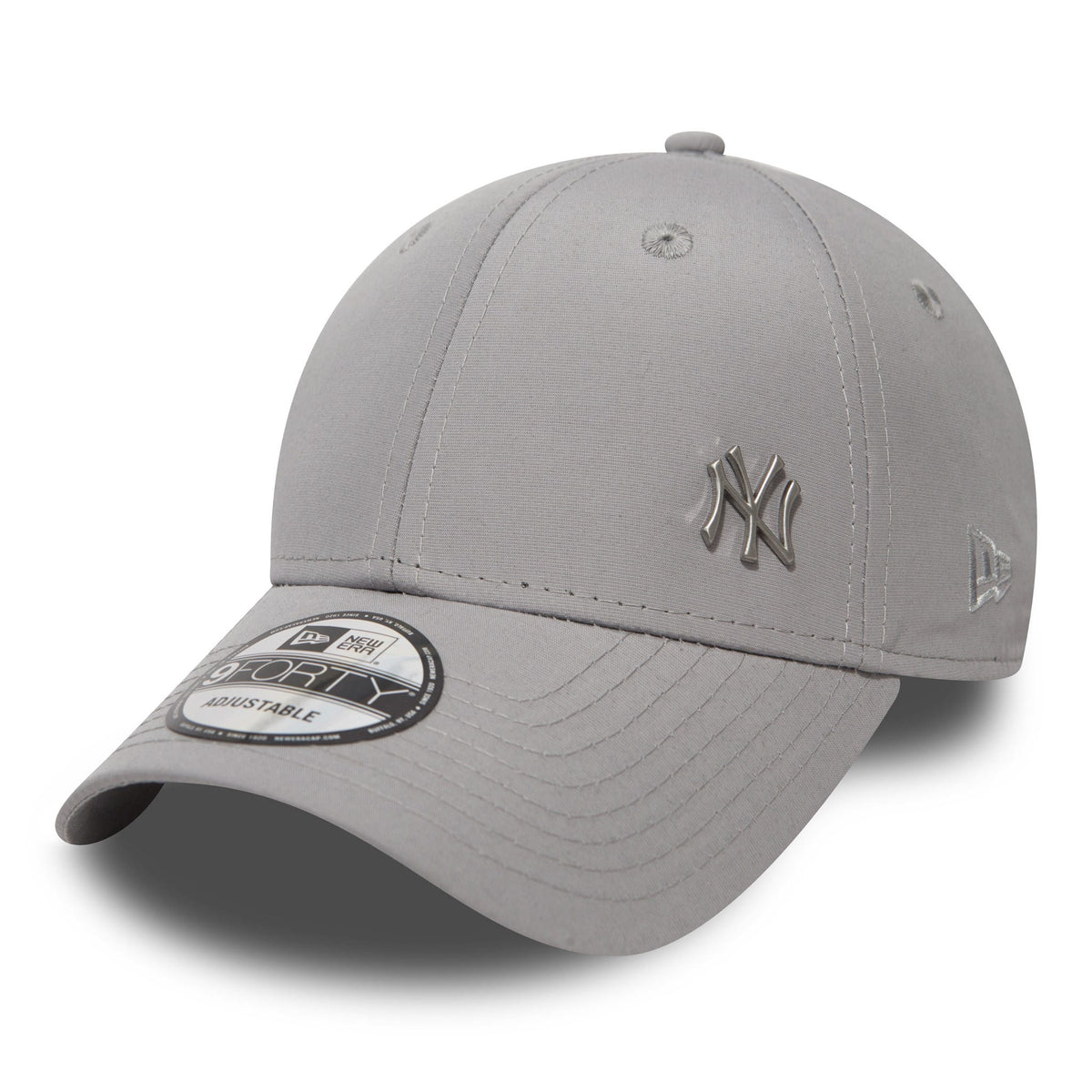 New York Yankees Flawless Grey New Era 9FORTY Cap, three-quarter view showing raised silver NY logo on the front panel, grey curved visor with 9FORTY size sticker, and New Era flag logo on the left side.