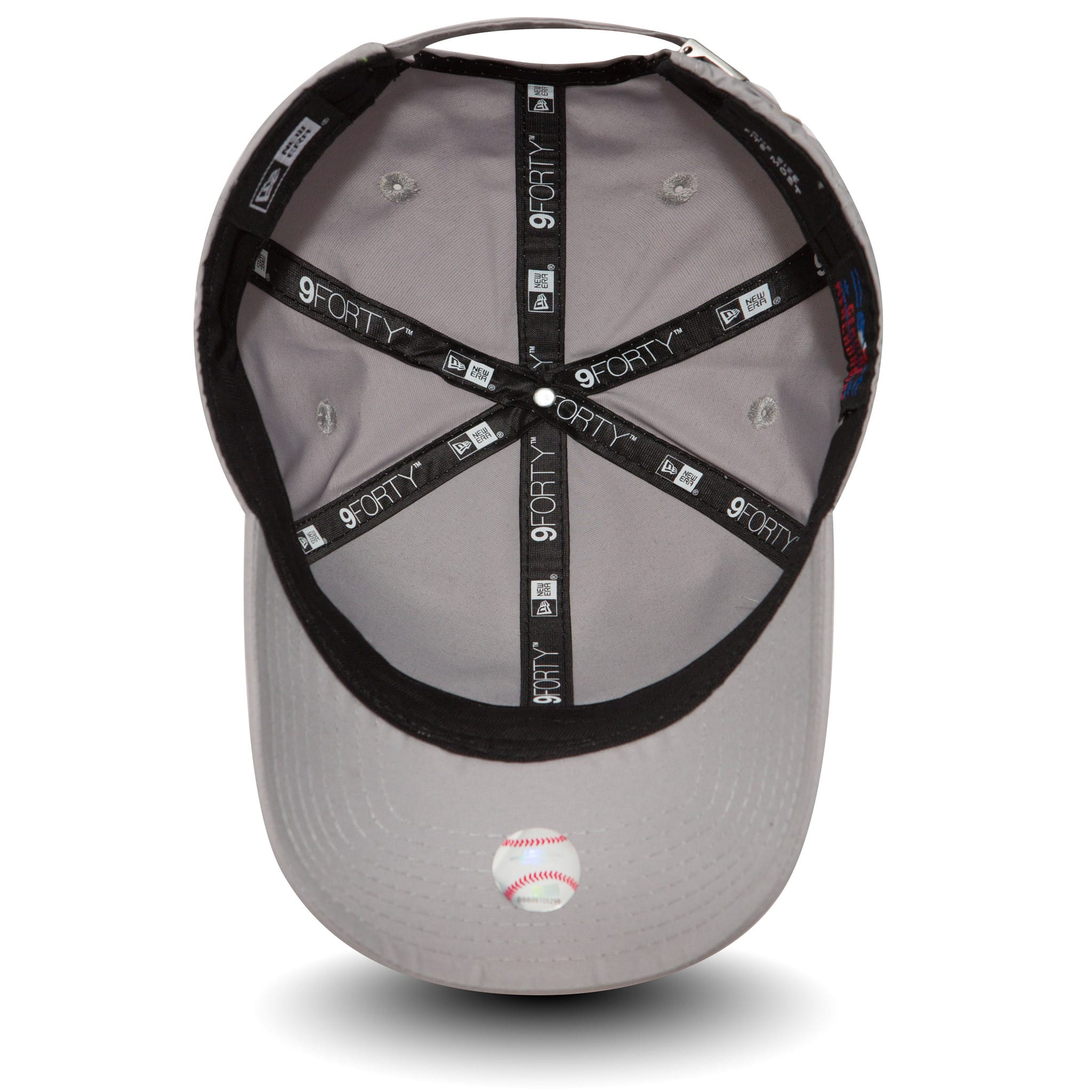 New York Yankees Flawless Grey New Era 9FORTY Cap, inside view showing black 9FORTY taping across the grey panels, a white top button, and a grey undervisor with a small red and white baseball graphic near the edge.