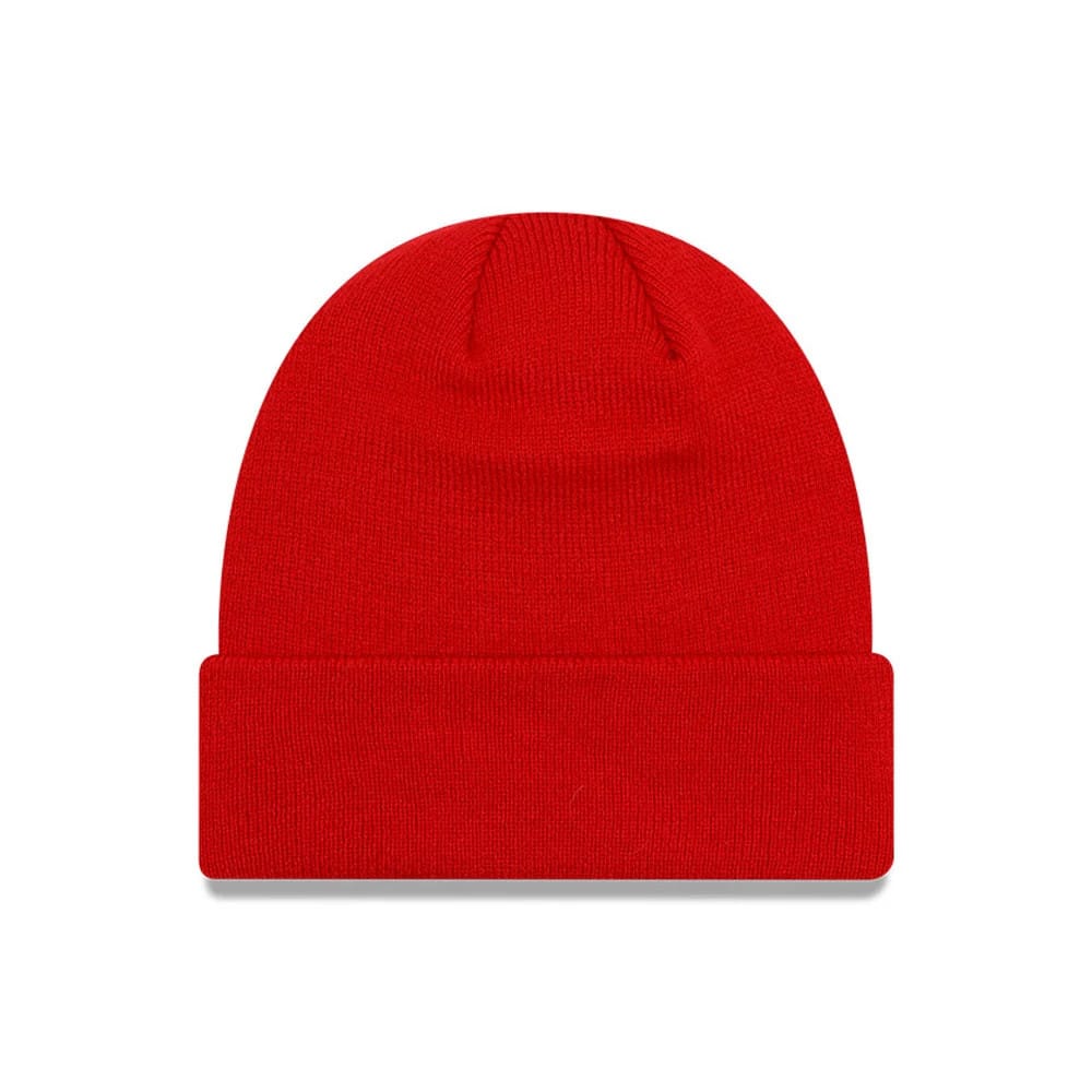 Manchester United FC Red Cuff Knit Beanie Hat, front view showing a plain red surface with a fold-over cuff, featuring clean stitching and a rounded top for a simple and bold appearance.