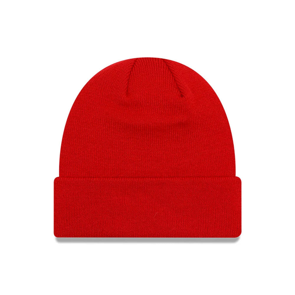 Manchester United FC Red Cuff Knit Beanie Hat, front view showing a plain red surface with a fold-over cuff, featuring clean stitching and a rounded top for a simple and bold appearance.