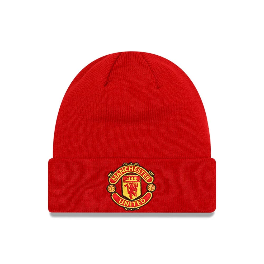 Manchester United FC Red Cuff Knit Beanie Hat, front view showing the detailed embroidered club crest logo centred on the wide red cuff, with a ribbed knit texture on the crown above.