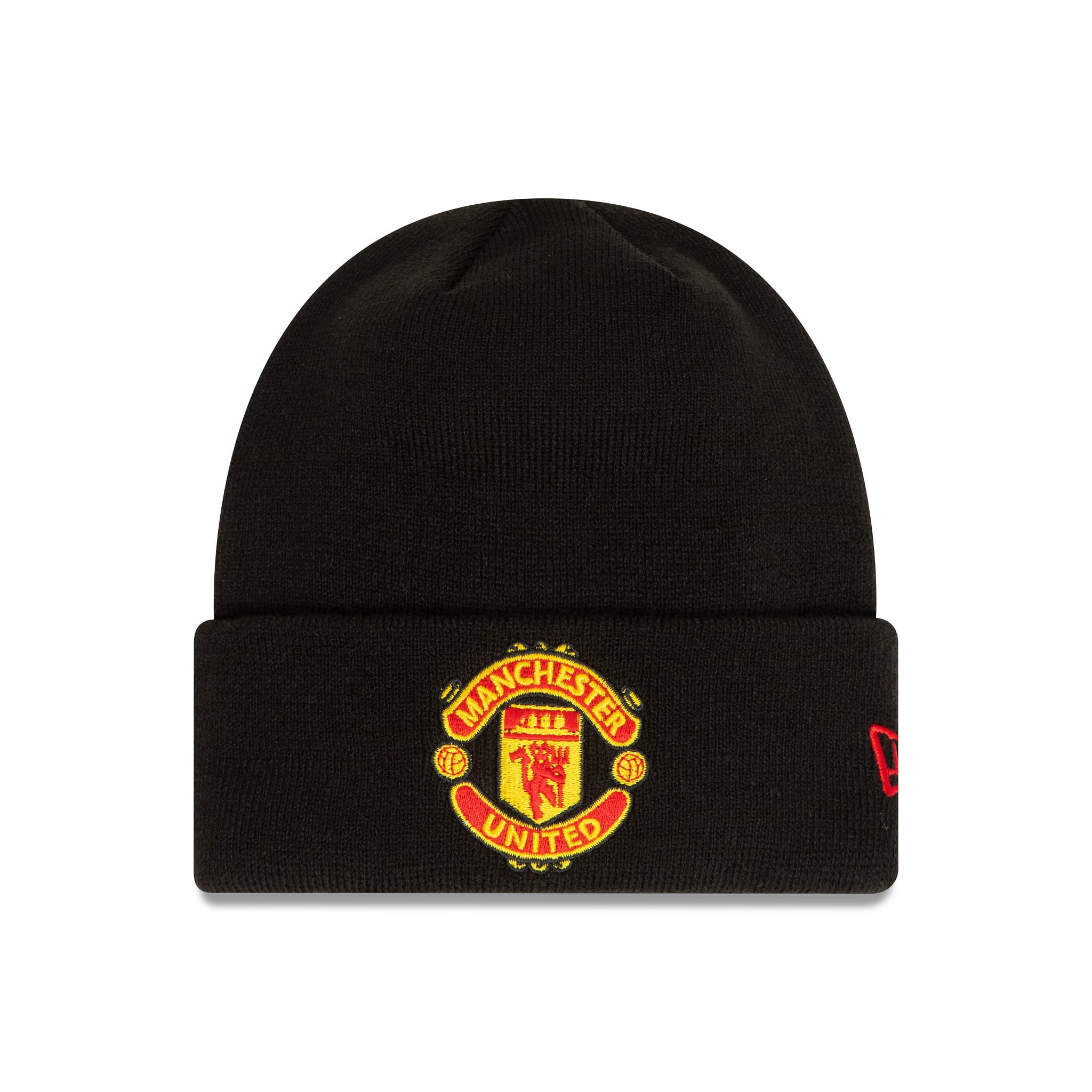 Manchester United Essential Black Beanie Hat, front view showing the red and yellow embroidered club crest on the centre of the cuff with an additional red New Era flag logo on the left side.