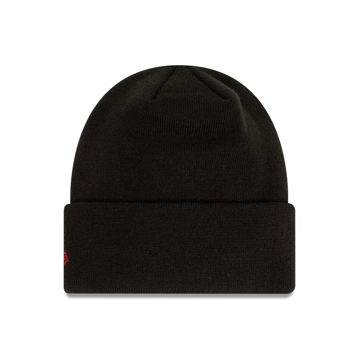 New Era Manchester United Essential Black Beanie Hat, front view with a folded cuff featuring a discrete red embroidered logo on the left side, showcasing a simple and sleek black design.
