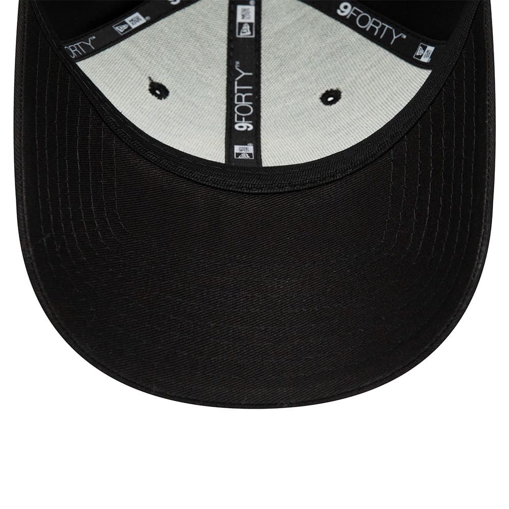 Manchester United FC Youth Core Black New Era 9FORTY Adjustable Cap, inside view showing black taping with repeated 9FORTY and logo motifs, black eyelets on the white fabric of the crown, and stitching on the black undervisor.