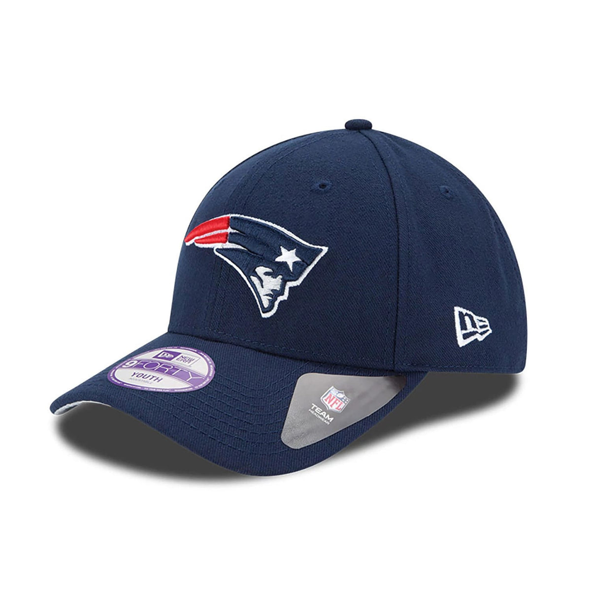 New England Patriots Youth The League Dark Blue New Era 9FORTY Adjustable Cap, three-quarter view showing the raised embroidered Patriots logo on the front panel, New Era flag logo on the left side and 9FORTY size sticker on the visor.