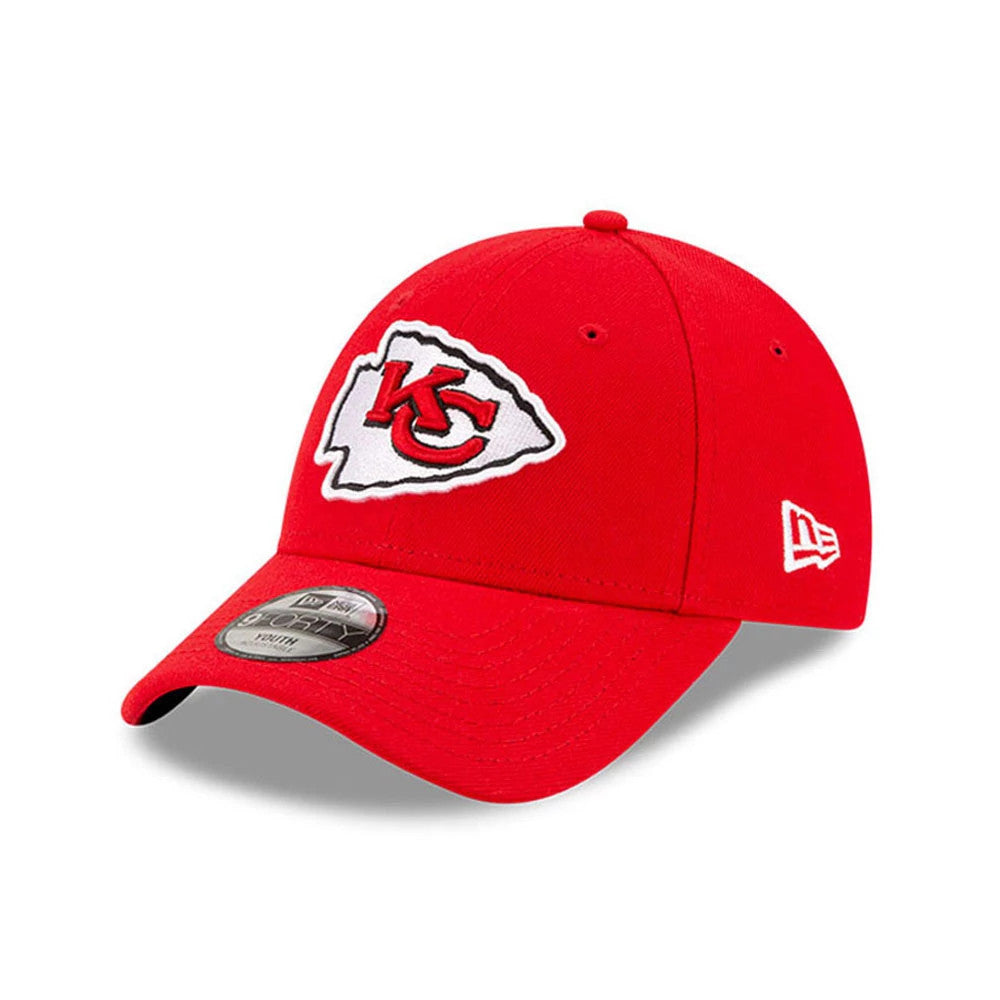 Kansas City Chiefs Youth The League Red New Era 9FORTY Adjustable Cap, front view showing raised red and white embroidered Kansas City Chiefs logo on the front panel, and white New Era flag logo on the left side.