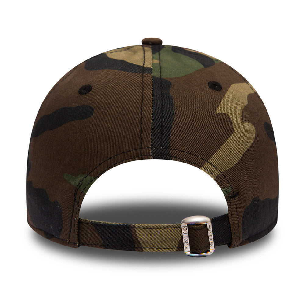 New York Yankees Essential Camo New Era 9FORTY Cap, rear view showing the camo pattern on the back panels and an adjustable fabric strap with a metal buckle, highlighting the structured crown and top button.
