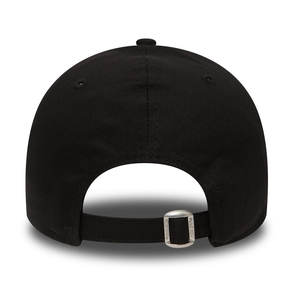 LA Dodgers Essential Black New Era 9FORTY Cap, rear view showing the adjustable strap with a metallic clasp, centred low on the black crown for a custom fit and featuring tonal eyelets and a top button.